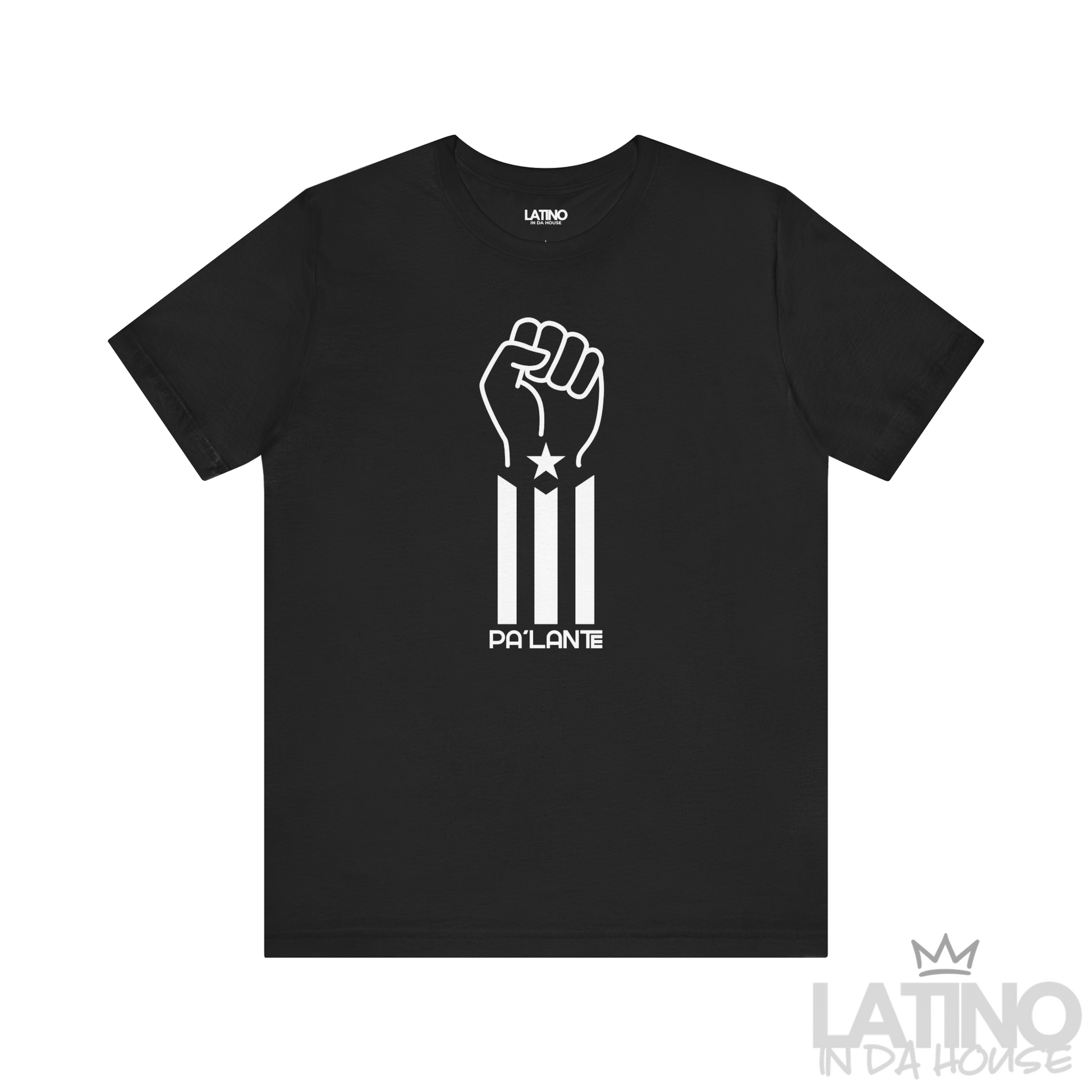 Pa’lante T-Shirt in Black — raised fist with Puerto Rican flag stripes. Latino In Da House 