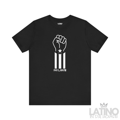 Pa’lante T-Shirt in Black — raised fist with Puerto Rican flag stripes. Latino In Da House 