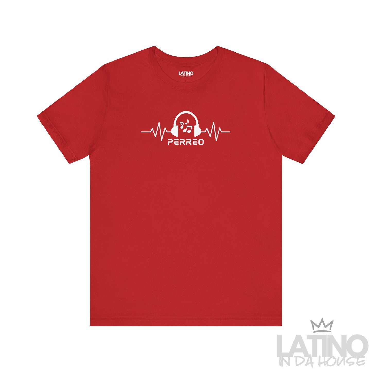 Red Perreo T-shirt with white headphone and heartbeat line design, Latino dancewear style. Latino In Da House