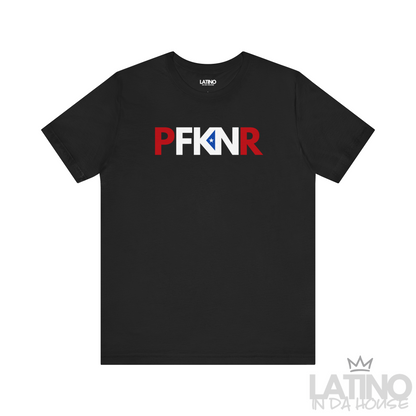 PFKNR T-Shirt in Black — red, white, and blue letters with PR triangle K. Latino In Da House