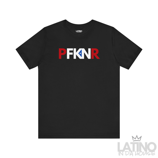 PFKNR T-Shirt in Black — red, white, and blue letters with PR triangle K. Latino In Da House