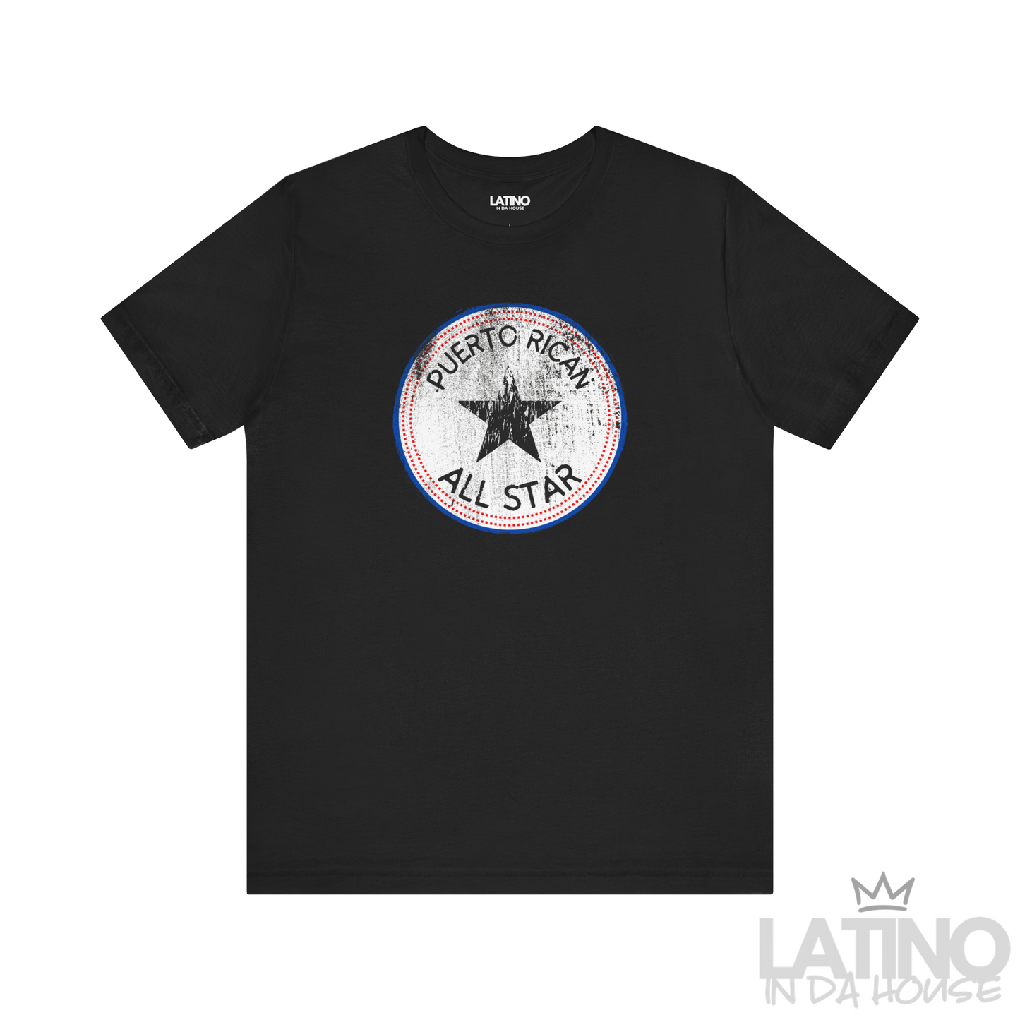 Black ‘Puerto Rican All Star’ T-shirt with distressed round star emblem in red, white, and blue by Latino In Da House.