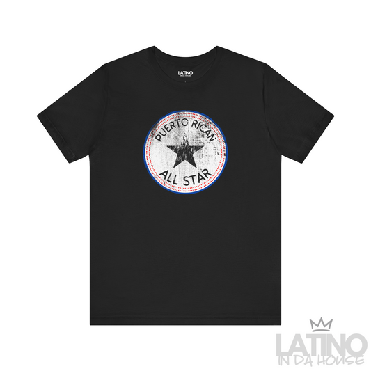 Black ‘Puerto Rican All Star’ T-shirt with distressed round star emblem in red, white, and blue by Latino In Da House.