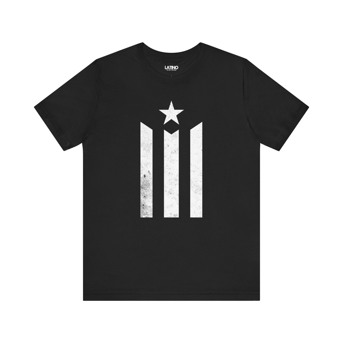 La Estrella Boricua T-Shirt in Black — distressed PR stripes and star front graphic. Latino In Da House