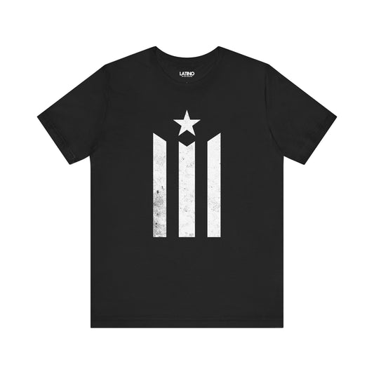 La Estrella Boricua T-Shirt in Black — distressed PR stripes and star front graphic. Latino In Da House