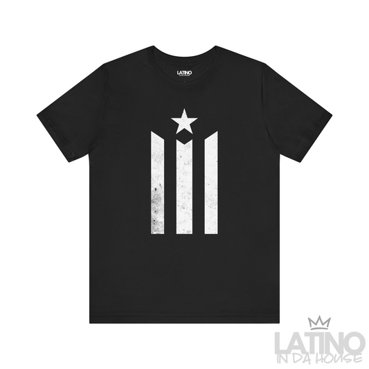 La Estrella Boricua T-Shirt in Black — distressed PR stripes and star front graphic. Latino In Da House 