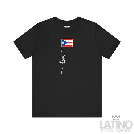Black T-shirt featuring a Puerto Rican flag graphic with the word ‘love’ in script below, by Latino In Da House.
