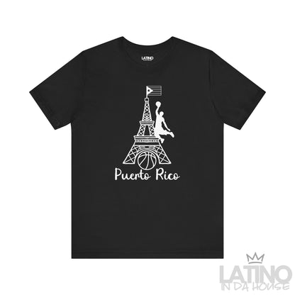 Black T-shirt with white Eiffel Tower basketball graphic, dunking player, and Puerto Rican flag by Latino In Da House.