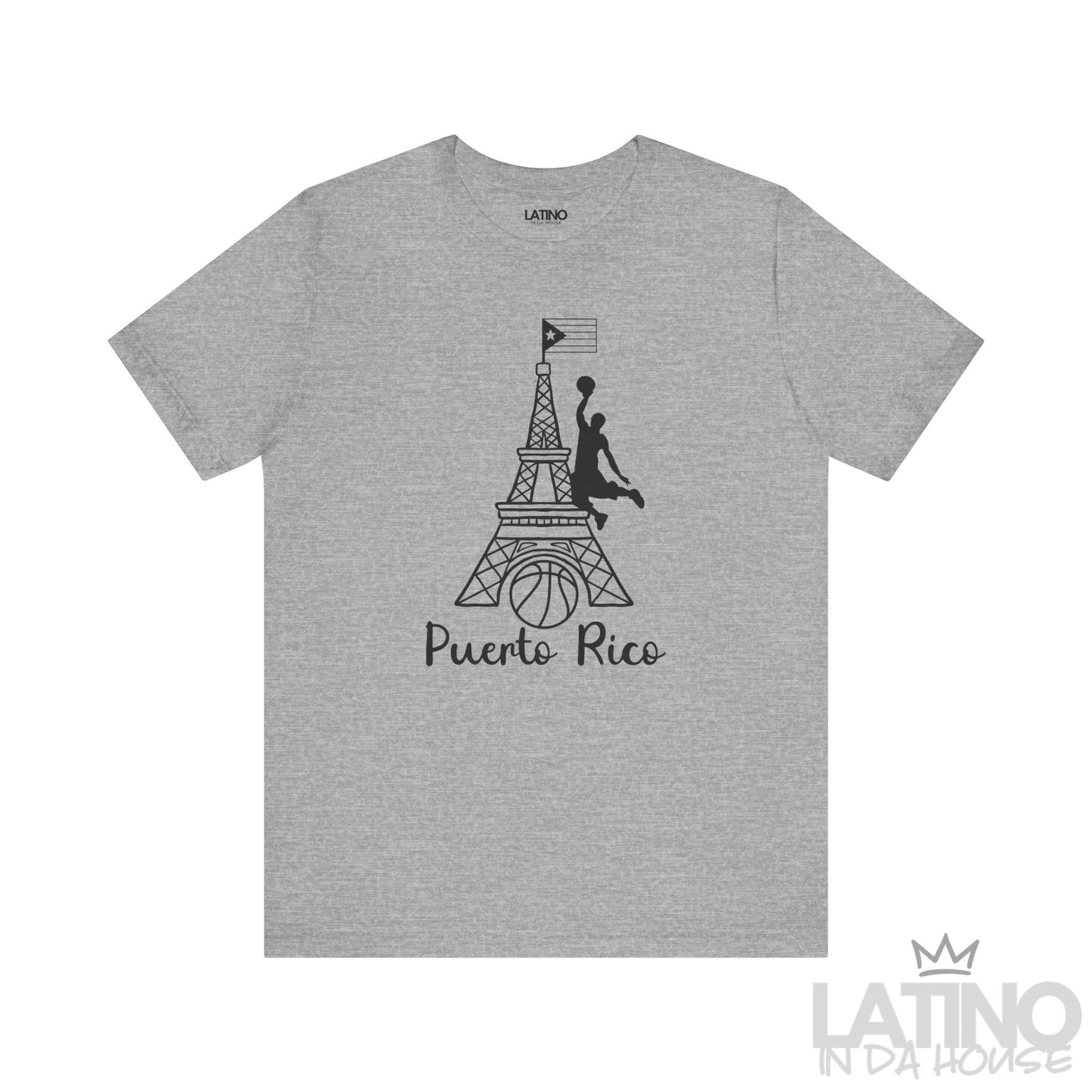 Heather grey T-shirt with black Eiffel Tower basketball design and Puerto Rican flag accent by Latino In Da House.