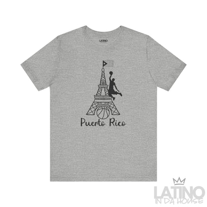 Heather grey T-shirt with black Eiffel Tower basketball design and Puerto Rican flag accent by Latino In Da House.
