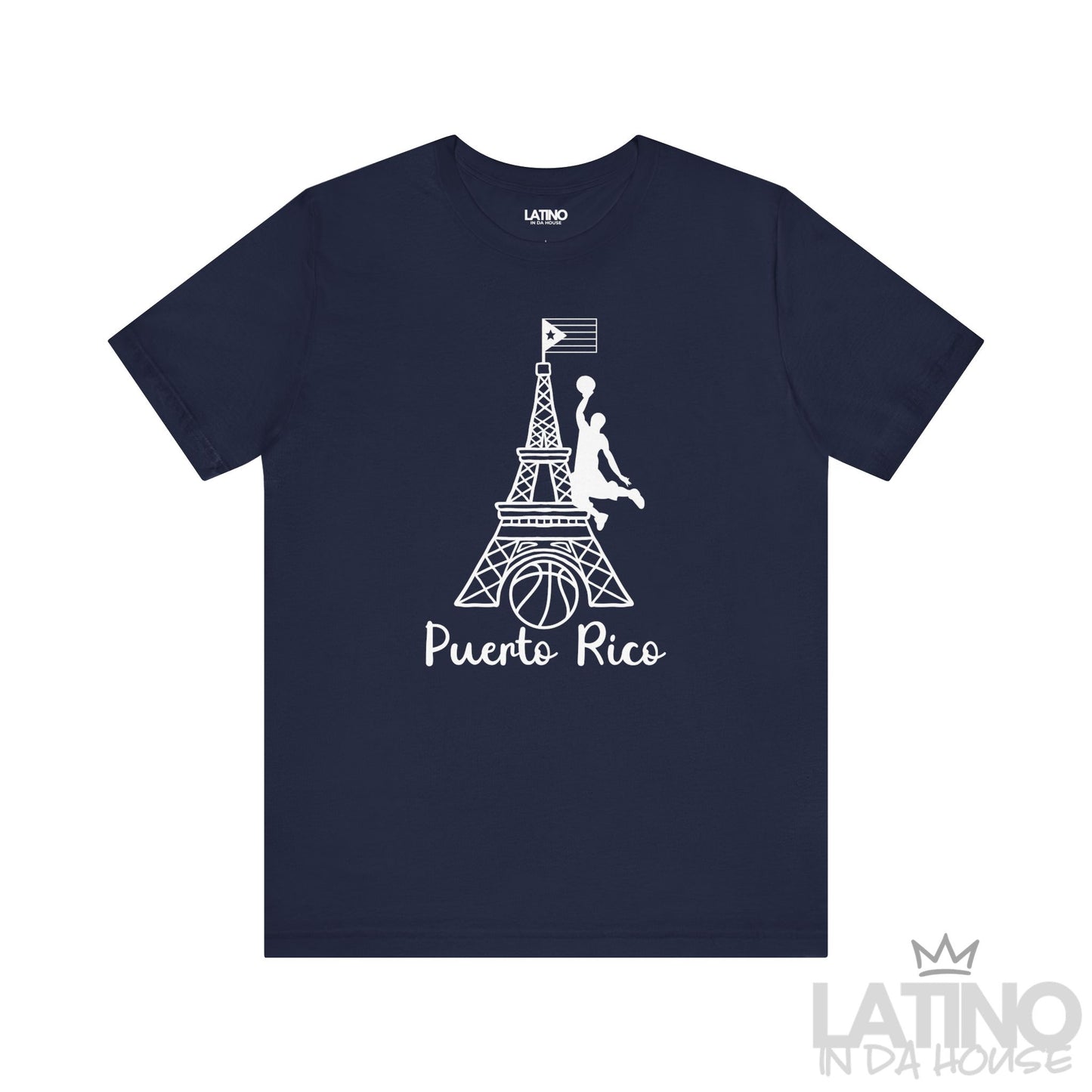 Navy T-shirt featuring white Eiffel Tower design with basketball player, hoop graphic, and Puerto Rican flag by Latino In Da House.