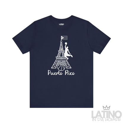 Navy T-shirt featuring white Eiffel Tower design with basketball player, hoop graphic, and Puerto Rican flag by Latino In Da House.