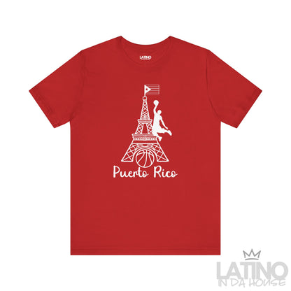 Red T-shirt with white Eiffel Tower, basketball player silhouette, basketball graphic, and Puerto Rican flag by Latino In Da House.
