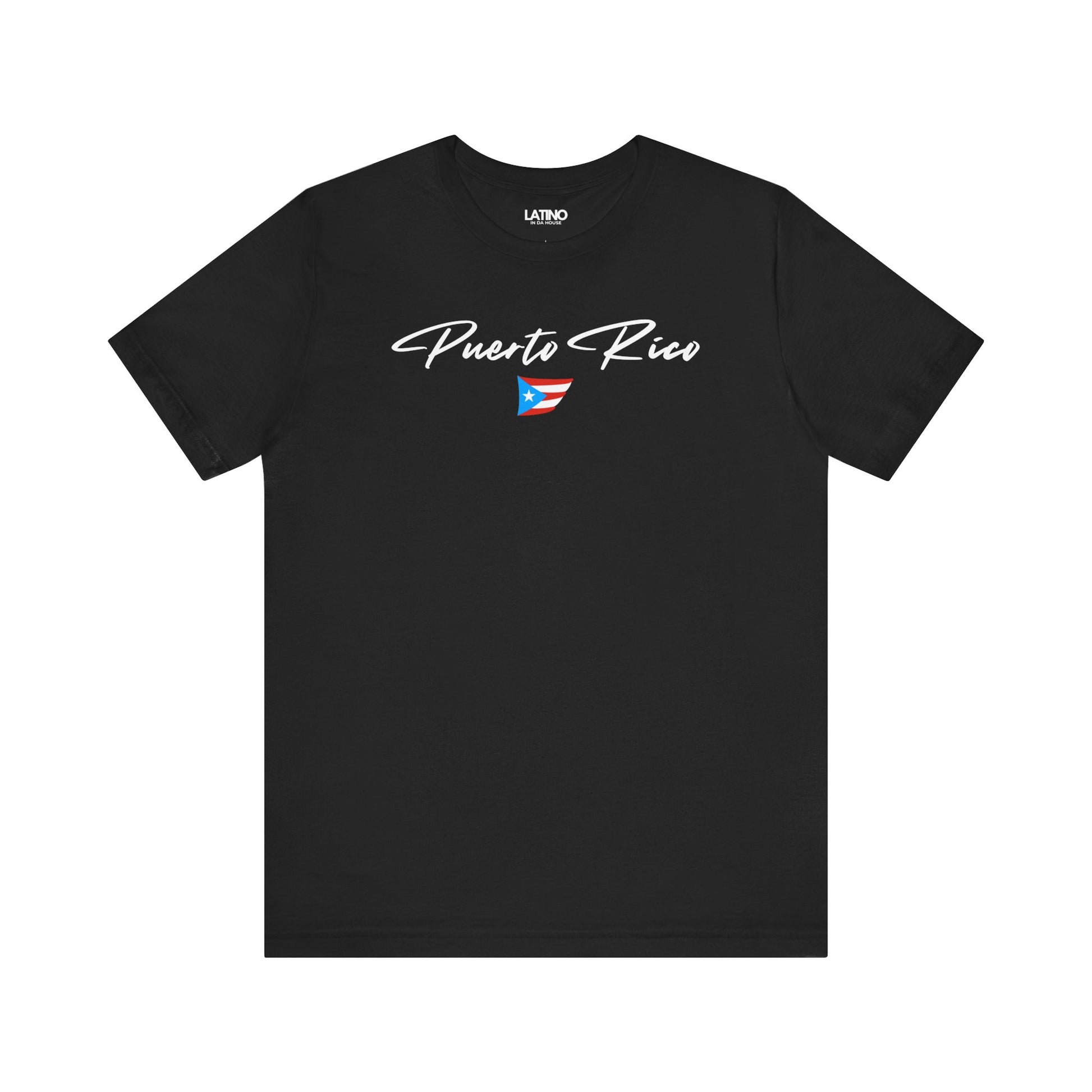 Black T-shirt with white Puerto Rico script lettering and small Puerto Rican flag graphic by Latino In Da House.