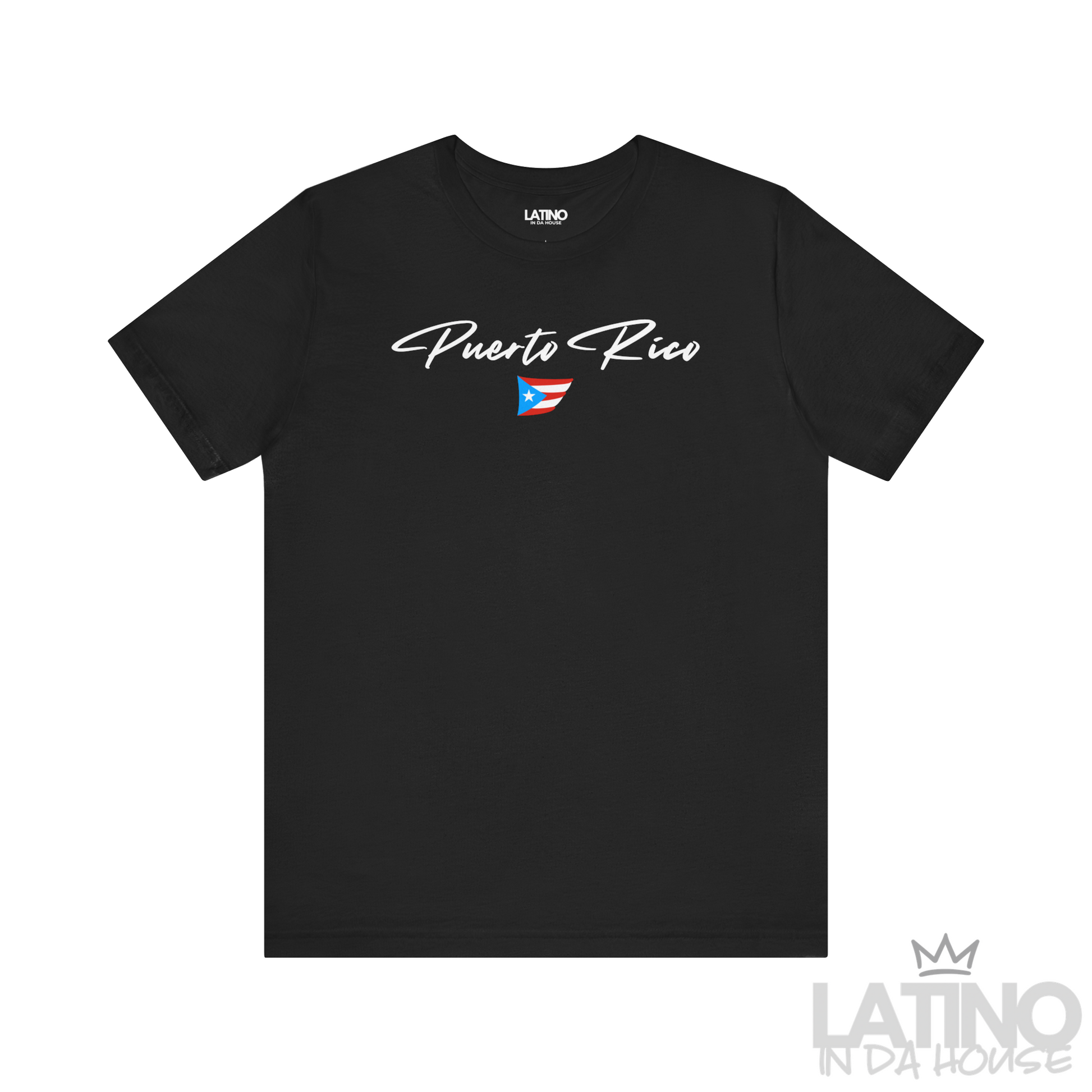 Black T-shirt with white Puerto Rico script lettering and small Puerto Rican flag graphic by Latino In Da House.