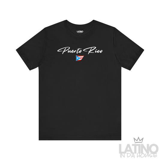 Black T-shirt with white Puerto Rico script lettering and small Puerto Rican flag graphic by Latino In Da House.