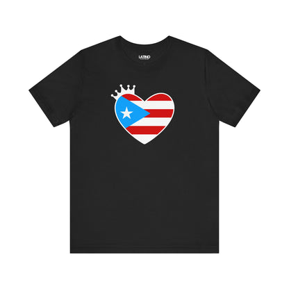 Boricua Heart Crown Black T-Shirt. Featuring the Puerto Rico flag inside a sweet heart with a little reina crown. Latino In Da House