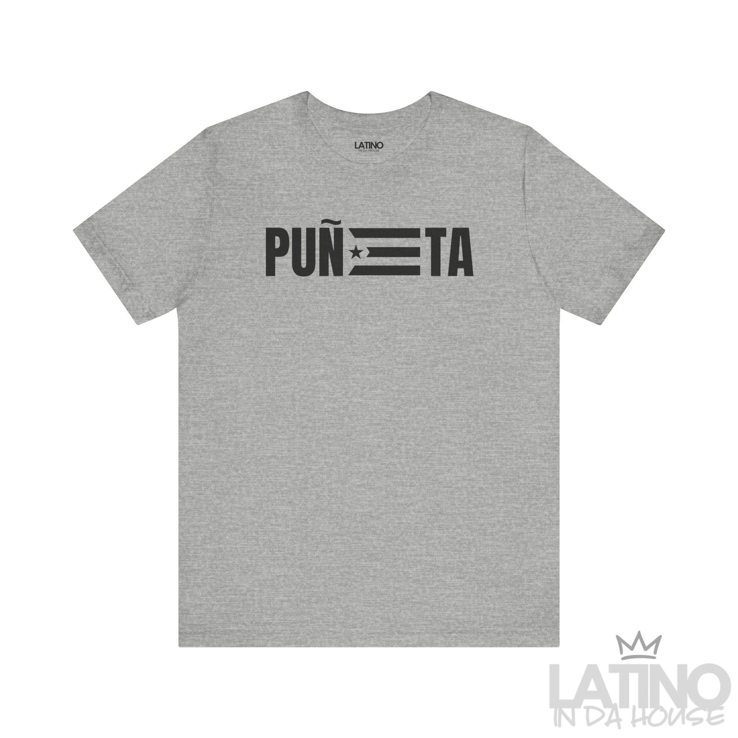 PUÑETA T-Shirt in Heather Grey — bold black text with Puerto Rico flag stripes. Latino In Da House