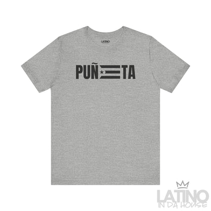 PUÑETA T-Shirt in Heather Grey — bold black text with Puerto Rico flag stripes. Latino In Da House