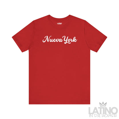 Red Nueva York T-shirt with bold white lettering, Latino lifestyle NYC-inspired tee. Latino In Da House 
