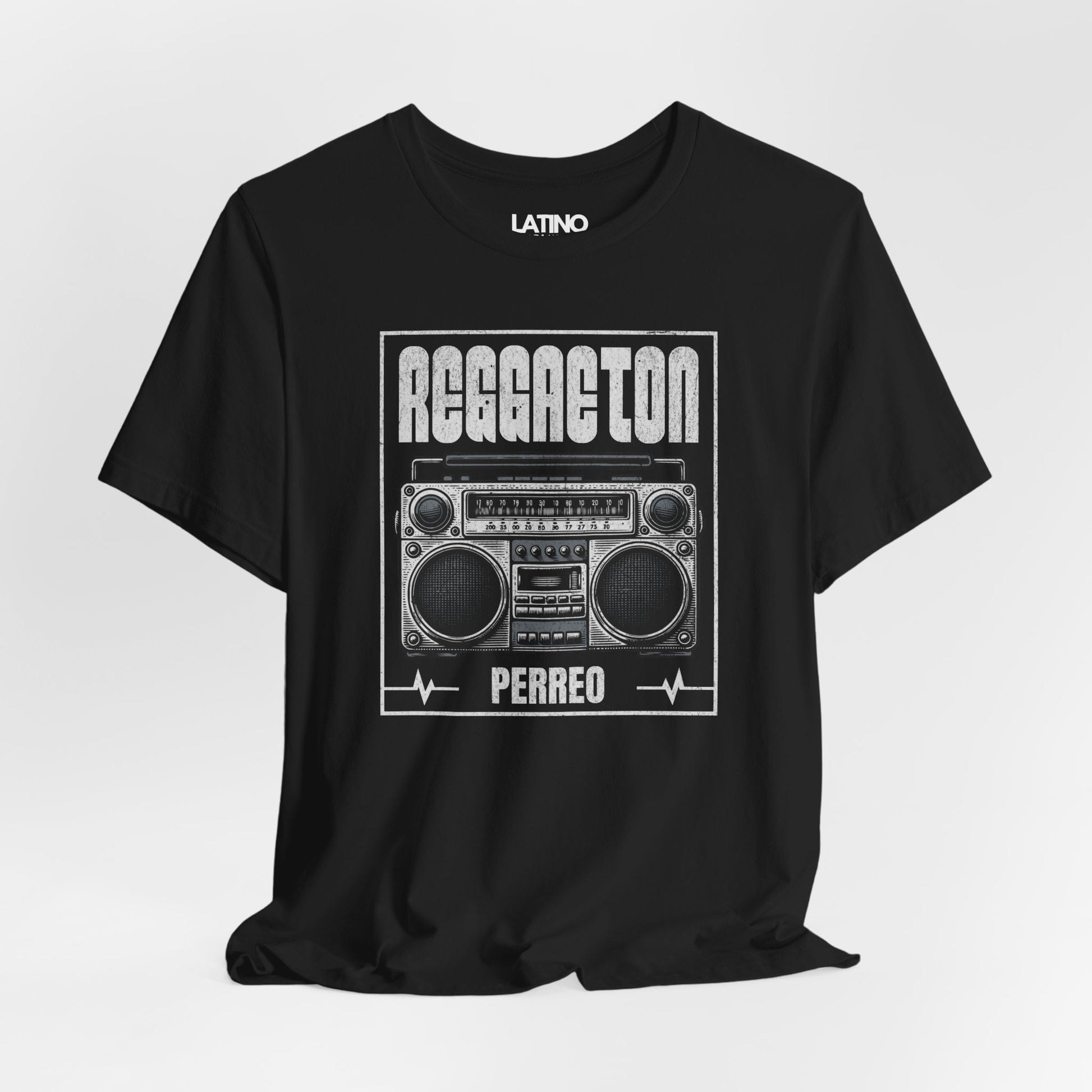 Closeup of Reggaeton Perreo boombox design on black tee. Latino In Da House