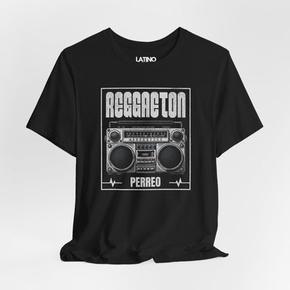 Closeup of Reggaeton Perreo boombox design on black tee. Latino In Da House