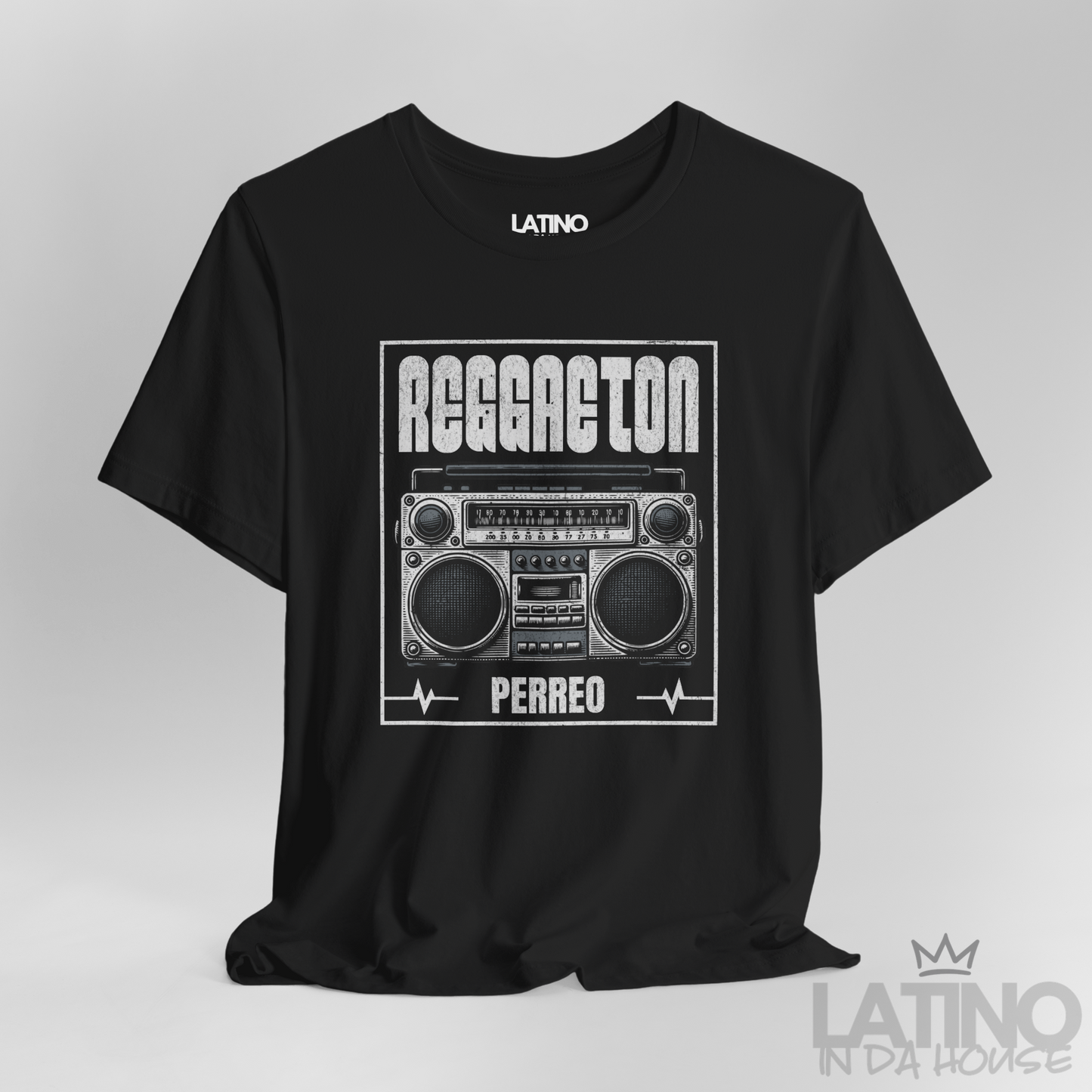 Closeup of Reggaeton Perreo boombox design on black tee. Latino In Da House 