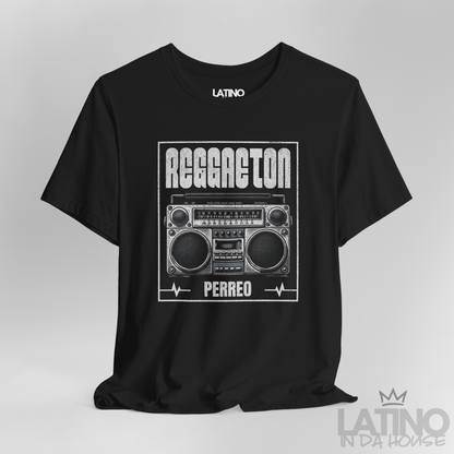 Closeup of Reggaeton Perreo boombox design on black tee. Latino In Da House 