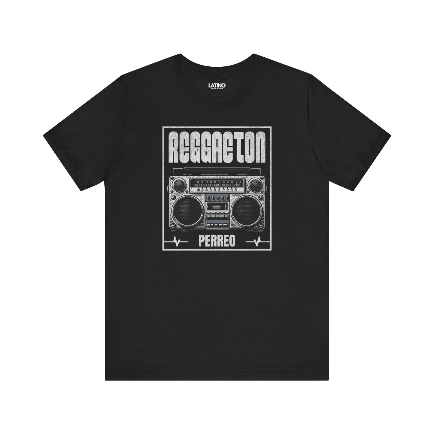 Black Reggaeton Perreo T-shirt with boombox graphic and bold lettering.
Latino In Da House
