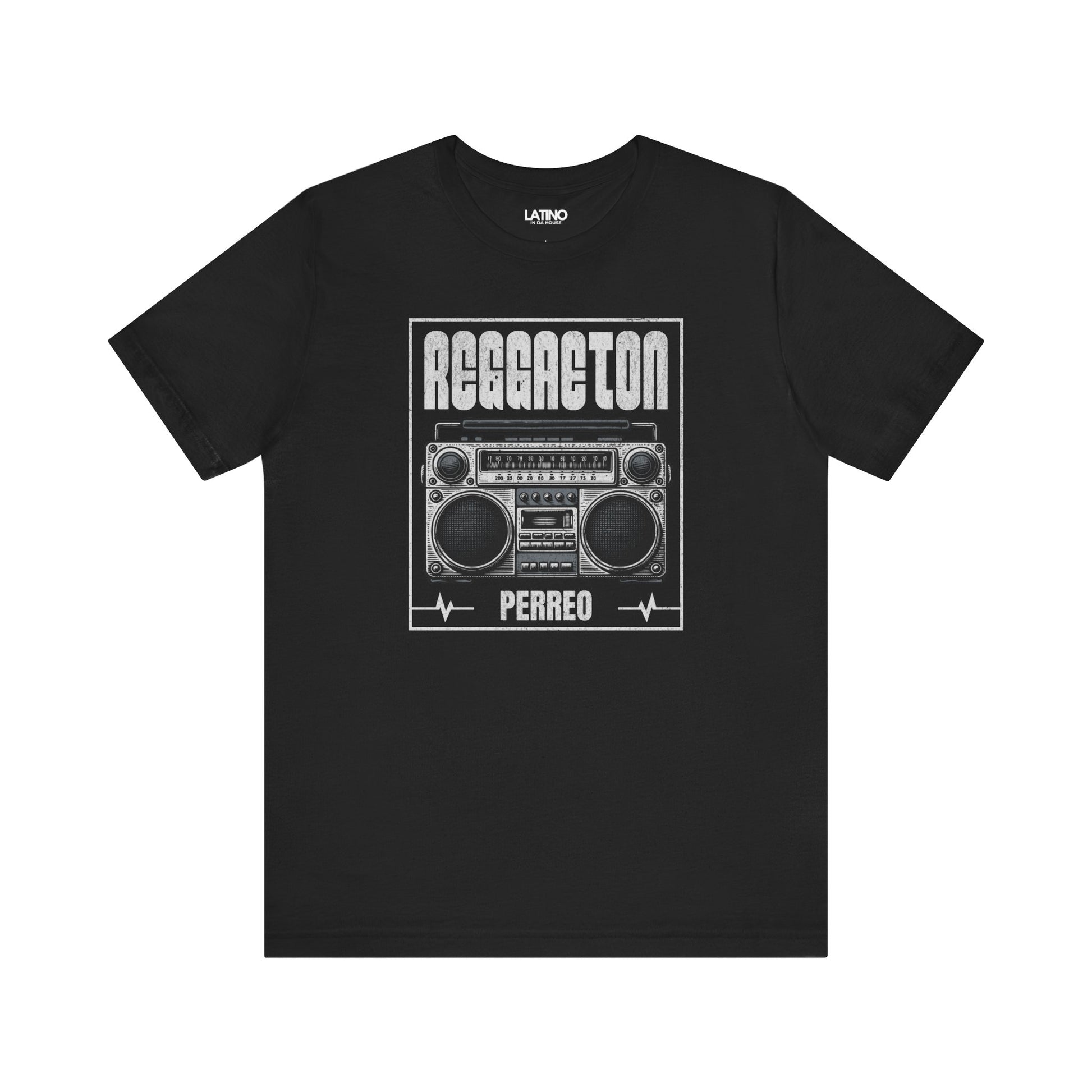 Black Reggaeton Perreo T-shirt with boombox graphic and bold lettering.
Latino In Da House