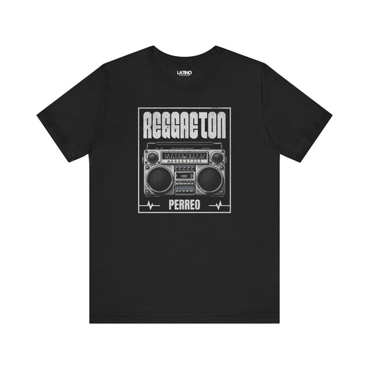 Black Reggaeton Perreo T-shirt with boombox graphic and bold lettering.
Latino In Da House