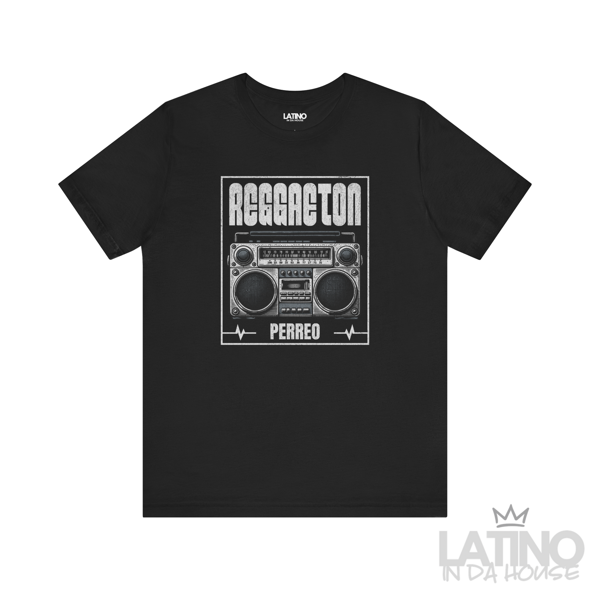 Black Reggaeton Perreo T-shirt with boombox graphic and bold lettering. Latino In Da House
