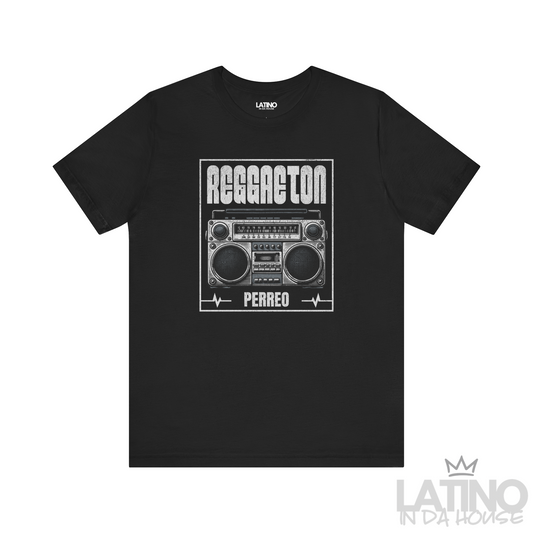 Black Reggaeton Perreo T-shirt with boombox graphic and bold lettering. Latino In Da House
