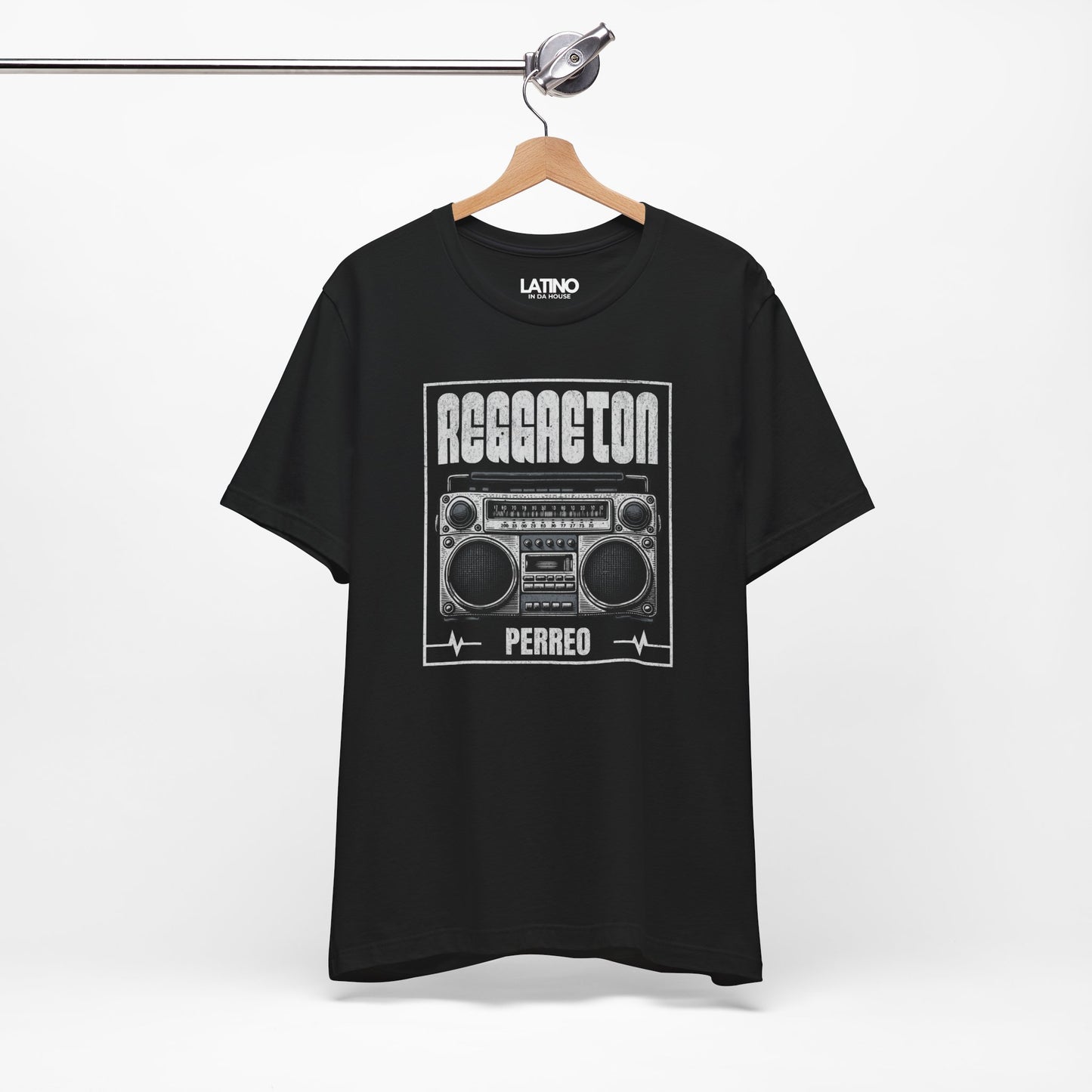 Reggaeton Perreo black T-shirt styled as
urbano Latino streetwear outfit. Latino In
Da House