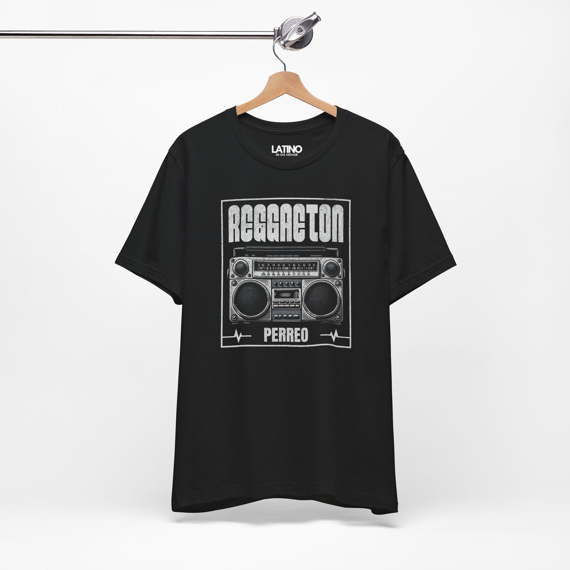 Reggaeton Perreo black T-shirt styled as
urbano Latino streetwear outfit. Latino In
Da House