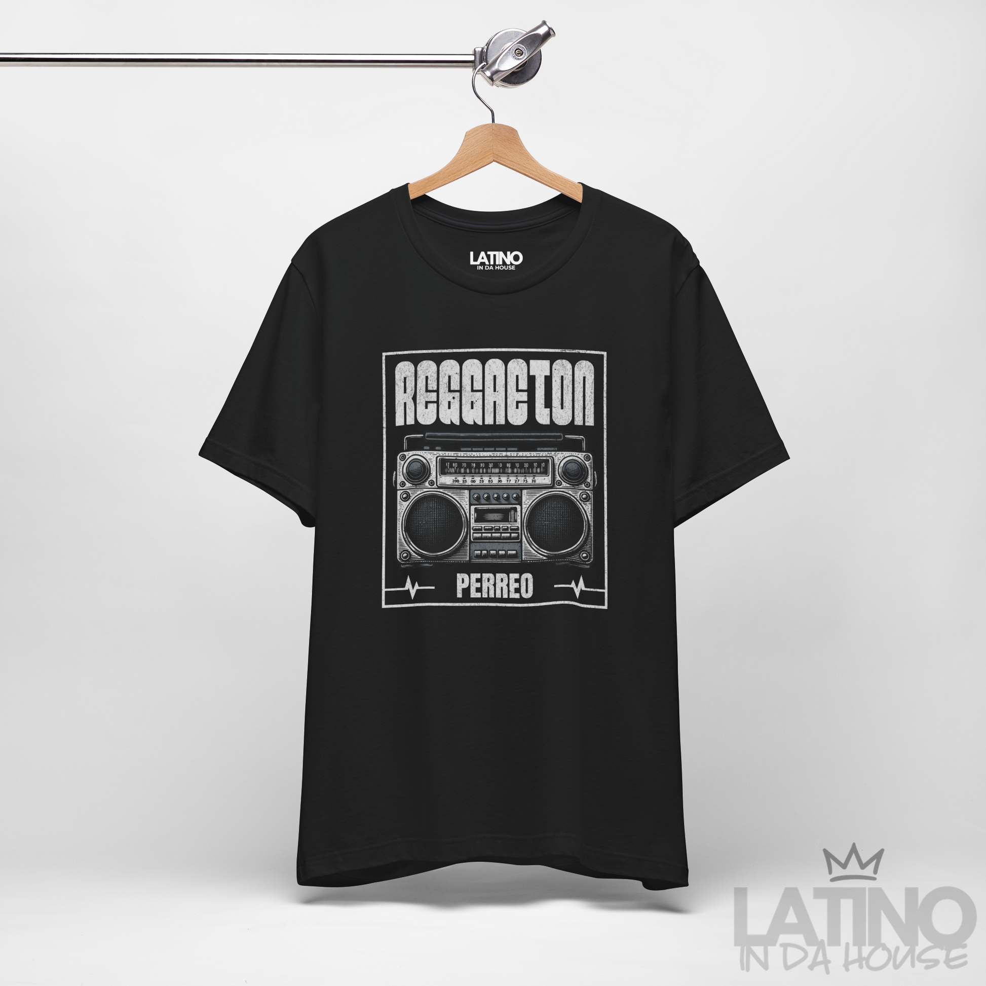 Reggaeton Perreo black T-shirt styled as urbano Latino streetwear outfit. Latino In Da House 