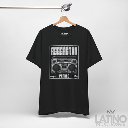 Reggaeton Perreo black T-shirt styled as urbano Latino streetwear outfit. Latino In Da House 