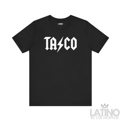 Power AC DC T-Shirt in black with white lightning bolt —AC DC stylish taco tee with edgy rock flair.