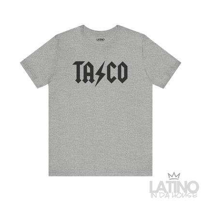 Power AC DC T-Shirt in heather grey with black lightning bolt —AC DC stylish taco tee with edgy rock flair.