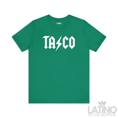 Power AC DC T-Shirt in Kelly green with white lightning bolt —AC DC stylish taco tee with edgy rock flair.