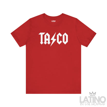 Power AC DC T-Shirt in red with white lightning bolt —AC DC stylish taco tee with edgy rock flair.