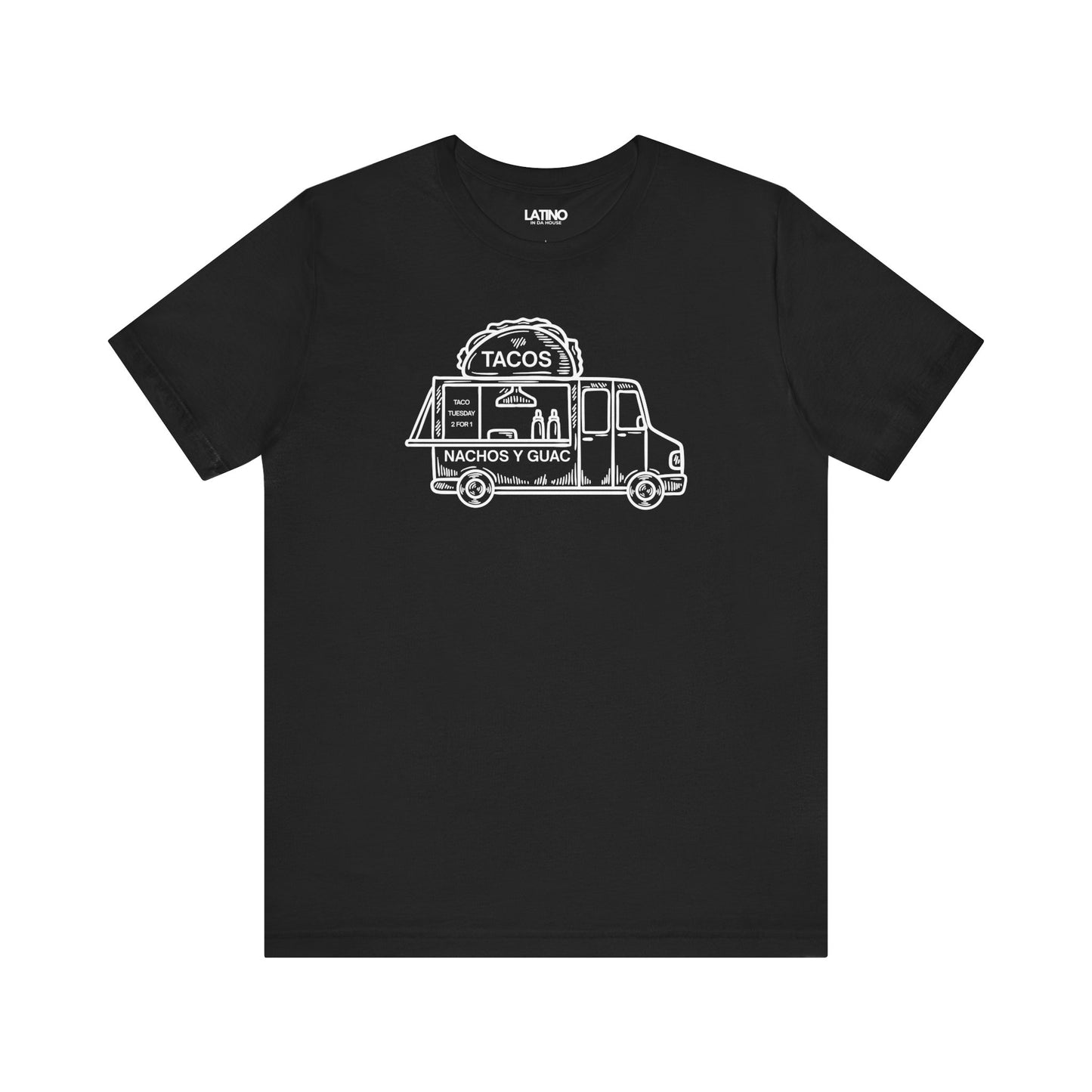Truck T-Shirt in black featuring white taco truck line art and "Nachos y Guac" - fun Latino foodie streetwear tee. Latino In Da House