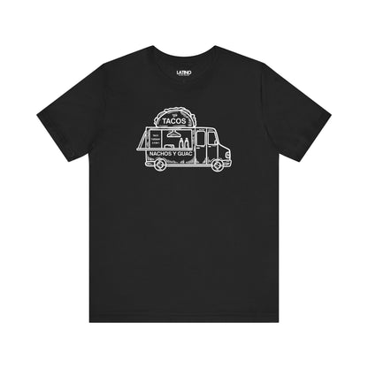 Truck T-Shirt in black featuring white taco truck line art and "Nachos y Guac" - fun Latino foodie streetwear tee. Latino In Da House