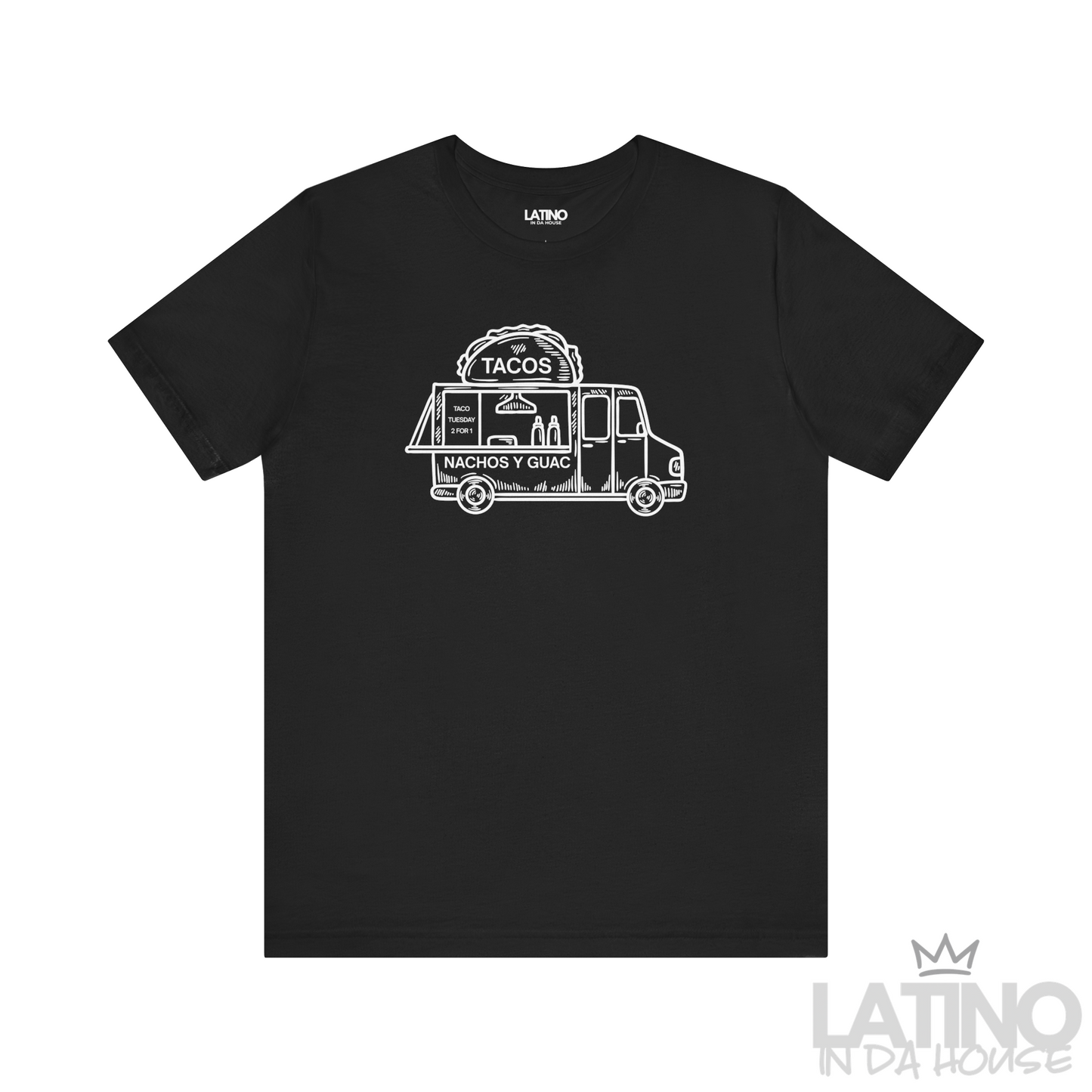 Truck T-Shirt in black featuring white taco truck line art and “Nachos y Guac” — fun Latino foodie streetwear tee. Latino In Da House 