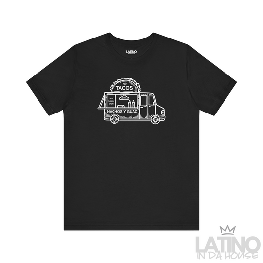 Truck T-Shirt in black featuring white taco truck line art and “Nachos y Guac” — fun Latino foodie streetwear tee. Latino In Da House 