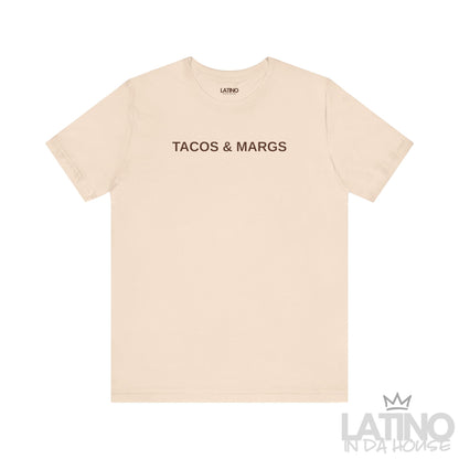 Tacos & Margs T-Shirt in soft cream with brown text — perfect for Taco Tuesday and party nights. Latino In Da House 