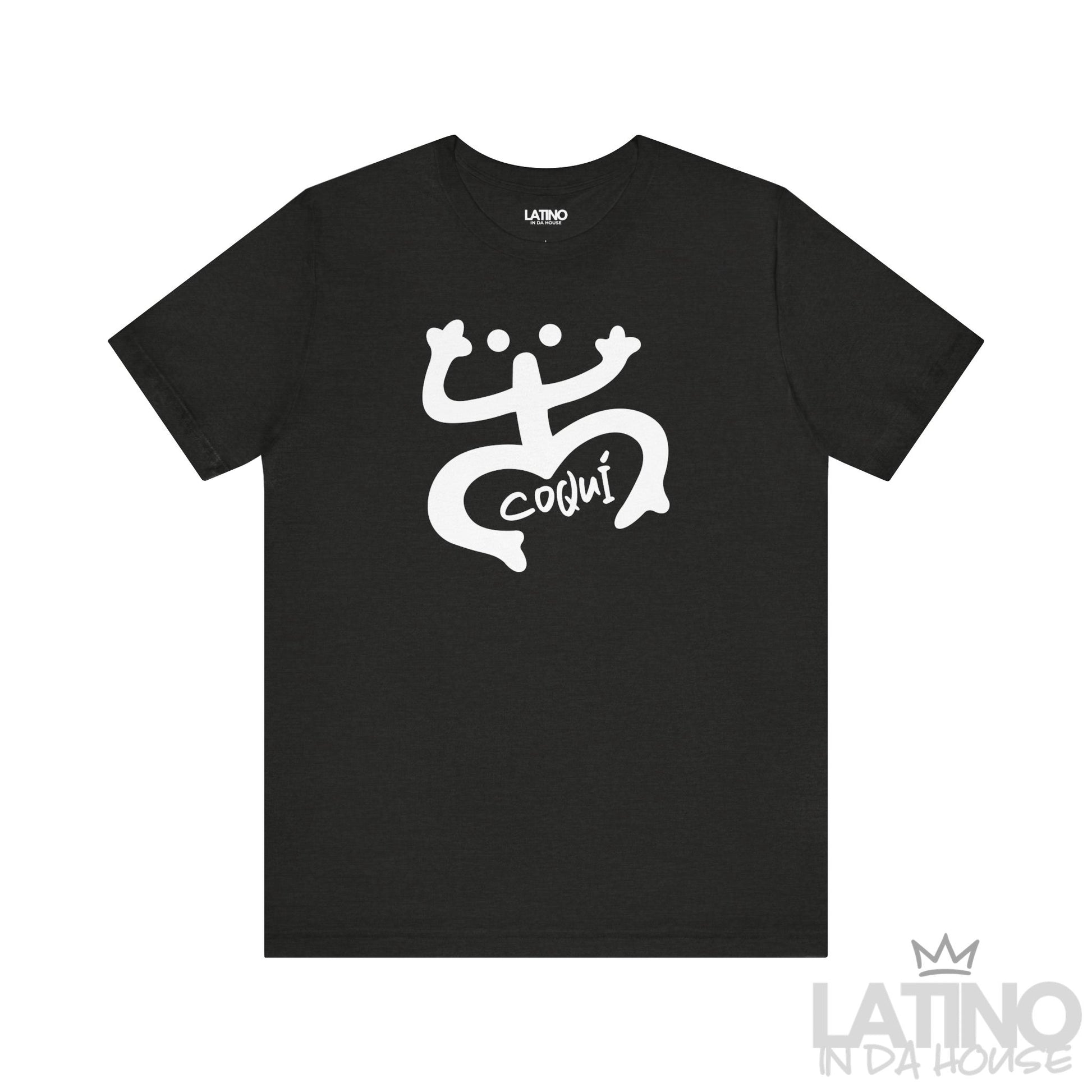 Black Heather T-shirt with white Taíno Coquí symbol and Coquí handwritten text by Latino In Da House.