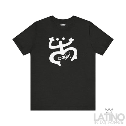 Black Heather T-shirt with white Taíno Coquí symbol and Coquí handwritten text by Latino In Da House.