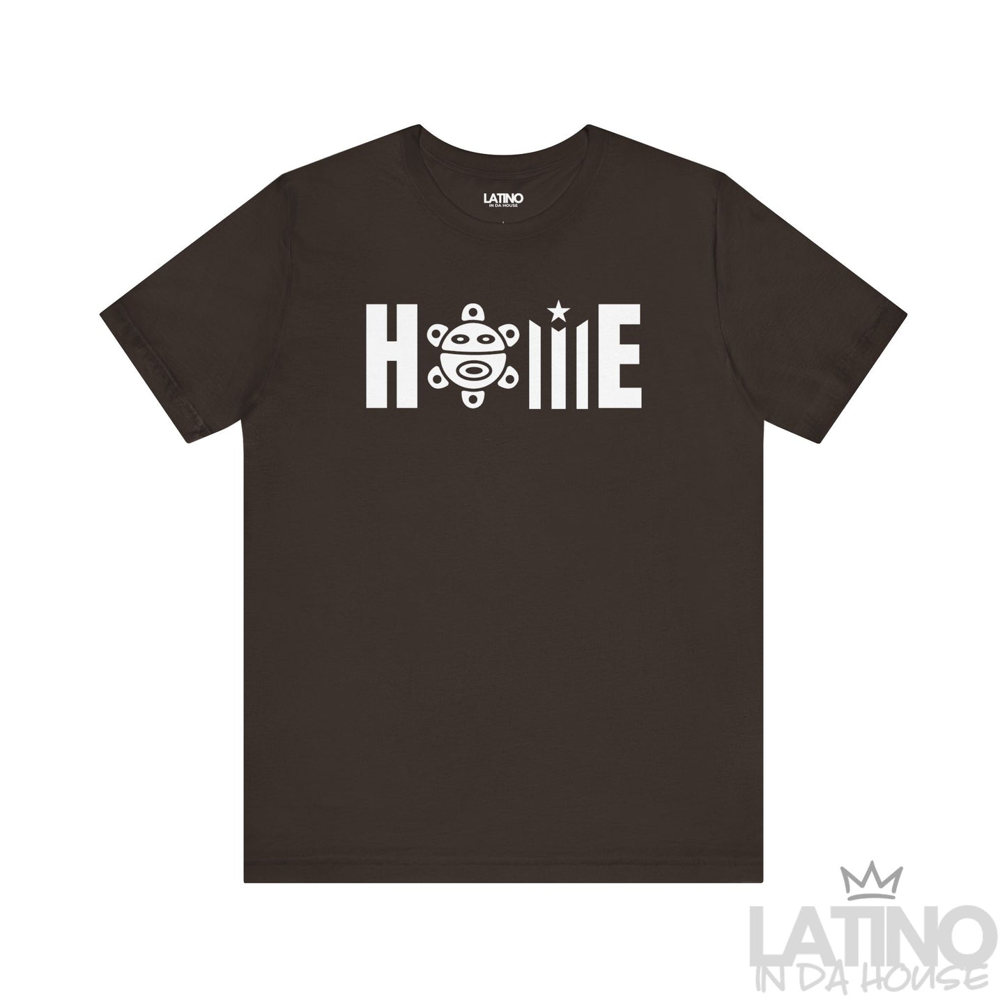 HOME Taíno Edition T-Shirt in Brown — white Taíno symbol replacing the ‘O’. Latino In Da House