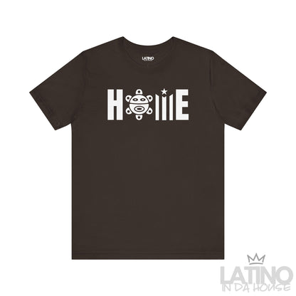 HOME Taíno Edition T-Shirt in Brown — white Taíno symbol replacing the ‘O’. Latino In Da House